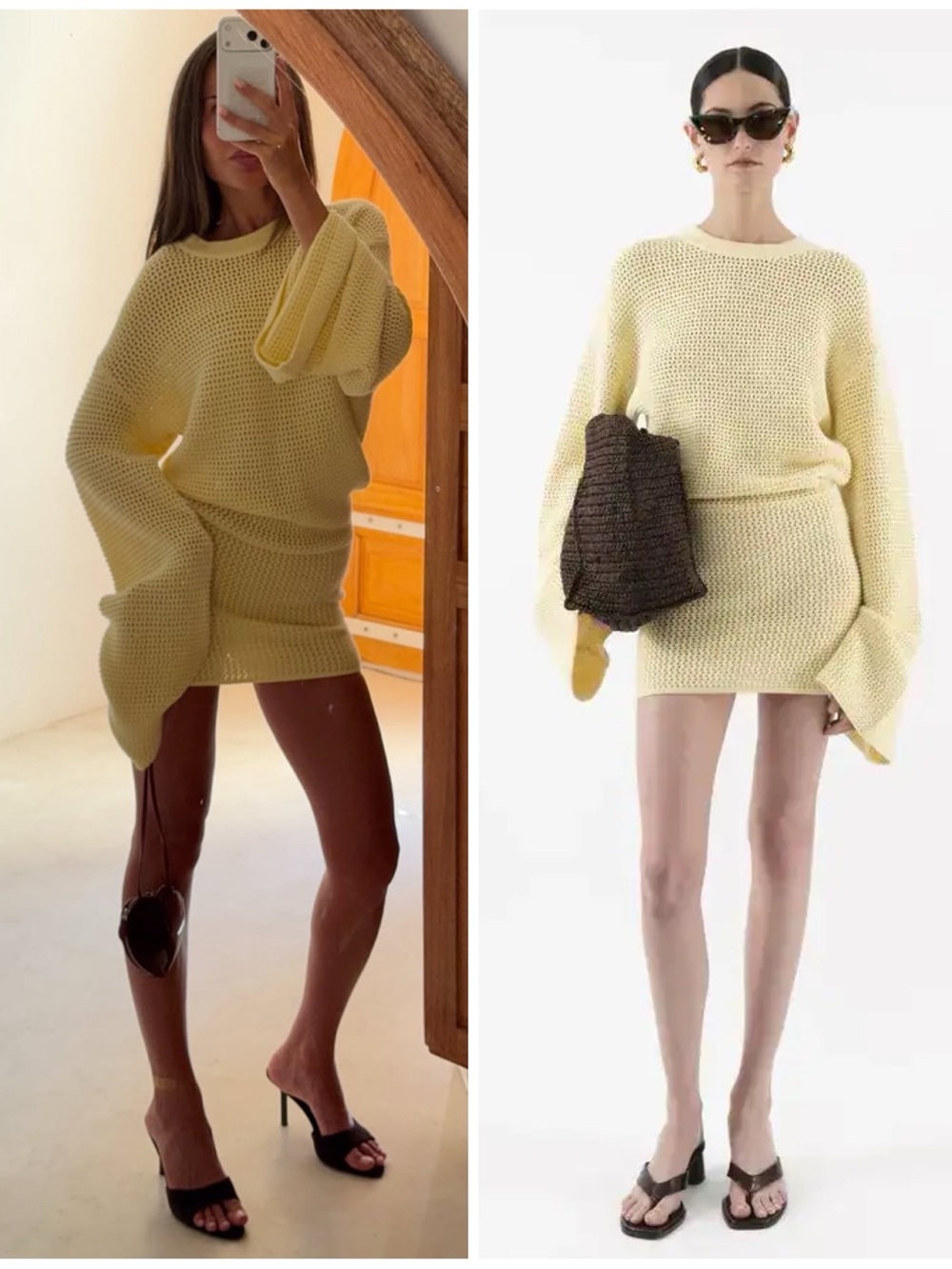 NWT Arakii Crochet T-shirt Long Sleeve Mini Short Knit Dress Yellow Women’s XS